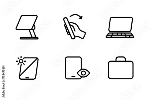 Tablet and Charging Icons. Outline icon set of tablet ergonomics: adjustable stand, hand grip, screen tilt, keyboard, wrist rest, anti-glare screen, eye