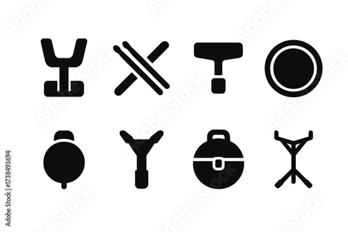 Drumline Accessories Icons. Solid, filled icon set of drumline accessories: drum harness, drumsticks, drum key, practice pad, muffler, tuning wrench, drum