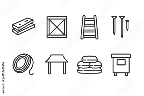 Sniper Tower Icons. Outline icon set of sniper tower construction elements: wooden planks, metal framework, ladder, nails, rope, canvas roof, sandbags, lookout