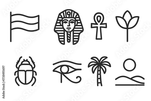 Egyptian Symbols Icon Set. Outline icon set of Egyptian symbols: Flag, Pharaoh mask, Ankh symbol, Lotus flower, Scarab beetle, Eye of Horus, Palm tree, Desert