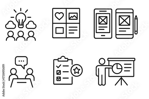 Design Process Icons. Outline icon set of design processes: brainstorming, mood board, wireframe, prototyping, client meeting, feedback form,