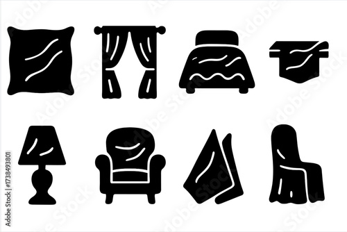 Satin Home Decor Icons. Solid, filled icon set of satin home decor: satin pillow, satin curtains, satin bedspread, satin table runner, satin lampshade, satin