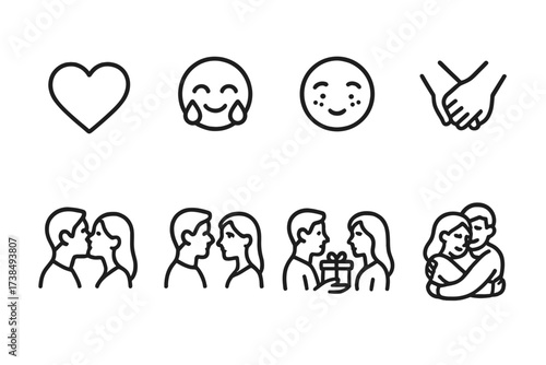 Romantic Emotions Icons. Outline icon set of romantic movie emotions: love heart, tears of joy, shy smile, holding hands, passionate kiss, longing gaze,