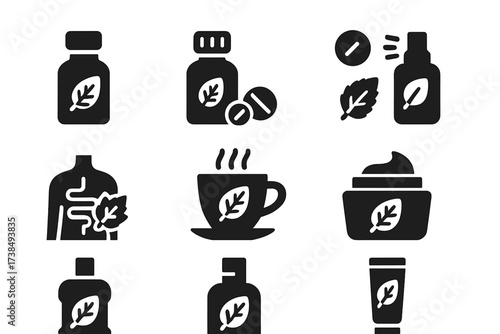 Mint Health Icons. Solid, filled icon set of mint health and wellness: mint essential oil bottle, herbal remedy, mouthwash, breath freshener, digestive aid,
