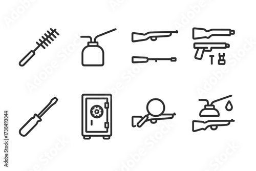 Rifle Maintenance Icons. Outline icon set of rifle maintenance: cleaning brush, oil can, disassembly, parts kit, screwdriver, gun safe, inspection,