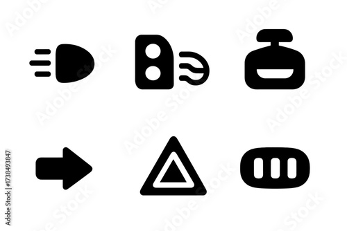 Automotive Lighting Icons. Solid, filled icon set of automotive lighting: headlight, tail light, fog light, interior dome light, turn signal, LED strip, hazard
