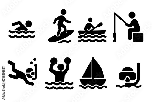 Water Activity Icons. Solid, filled icon set of water activities: swimming, surfing, kayaking, fishing, diving, water polo, sailing, snorkeling. [Line icons in