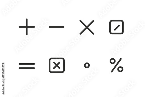 Calculator Icon Set. Outline icon set of basic calculator functions: addition, subtraction, multiplication, division, equals, clear, decimal point, percent.
