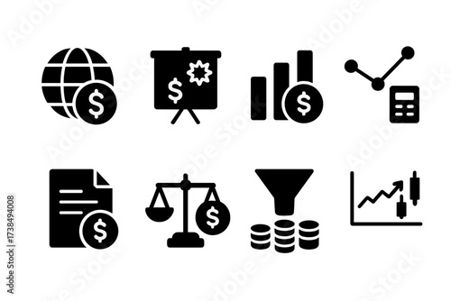 Hedge Fund Icon Set. Solid, filled icon set of hedge fund types: global macro, event-driven, equity long/short, quantitative, distressed securities, arbitrage,