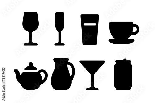 Buffet Drink Icons. Solid, filled icon set of buffet drinks: wine glass, champagne flute, juice glass, coffee cup, tea pot, water pitcher, cocktail glass, soda