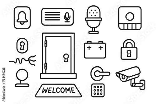 Doorbell Doodle Elements. Hand-drawn doodle illustration doorbell doorbell button, speaker, microphone, chime, battery, wire, door, keyhole, lock, doorknob,