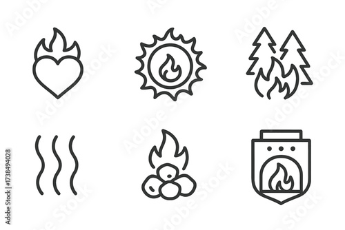 Fiery Energy Icons. Outline icon set of fiery energy: burning heart, solar flare, campfire, wildfire, heat waves, glowing coal, furnace, heat shield. [Line