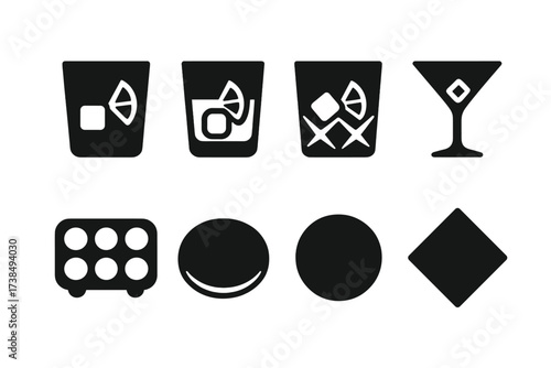 Negroni Glassware Icons. Solid, filled icon set of negroni glassware: old fashioned glass, rocks glass, tumbler, crystal glass, stemmed glass, ice cube tray,