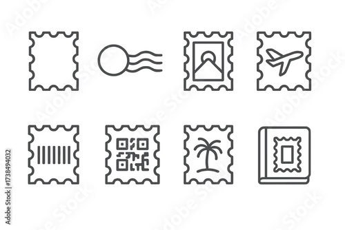 Postal Stamp Icons. Outline icon set of postal stamps: postage stamp, cancellation mark, vintage stamp, airmail stamp, barcode stamp, QR code stamp, souvenir