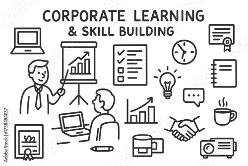 Corporate Training Doodles. Hand-drawn doodle illustration Corporate learning and skill building trainer, trainee, laptop, presentation board, checklist,