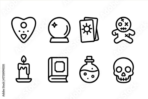 Spooky Icon Set. Outline icon set of spooky objects: Ouija board, crystal ball, tarot deck, haunted doll, candle, old book, potion bottle, skull. [Line icons