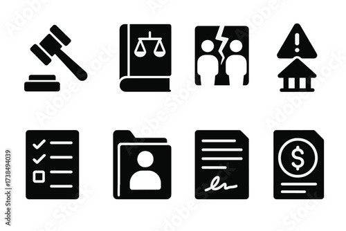 Legal Risk Icons. Solid, filled icon set of legal risk: gavel, law book, contract dispute, court warning, compliance checklist, lawsuit file, legal contract,