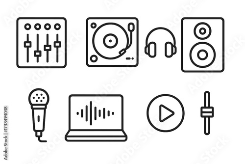 Electronic Icon Set. Outline icon set of electronic live set: mixer, turntable, headphones, speaker, microphone, laptop, play button, volume slider. Line icons