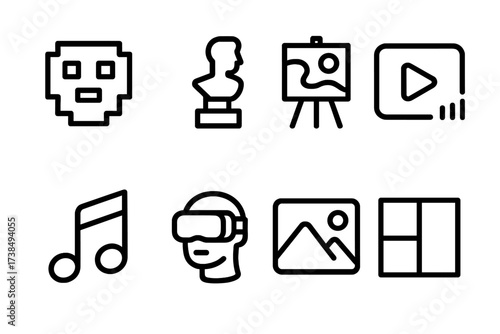 NFT Art Icon Grid. Solid, filled icon set of NFT art styles: pixel art, 3D sculpture, abstract painting, animated gif, music note, virtual reality, photograph,