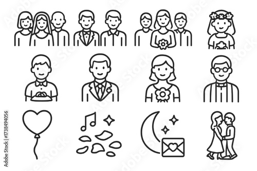 Outline Icon Collection. Outline icon set of vows family and friends: bride with parents, groom with parents, wedding guests, flower girl, ring bearer, best