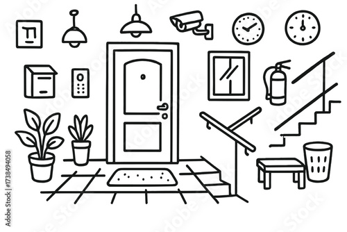 Residential Corridor Doodles. Hand-drawn doodle illustration residential corridor door, mailbox, light fixture, plant, carpet, window, staircase, handrail,