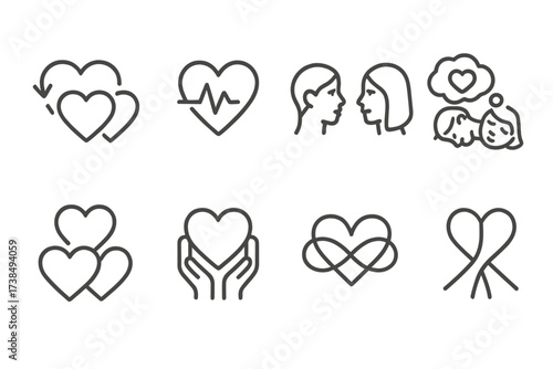 Icon Set_ Connection & Emotion. Outline icon set of deep connection: synchronized hearts, heartbeat, mutual gaze, shared dreams, soul mates, loving arms,