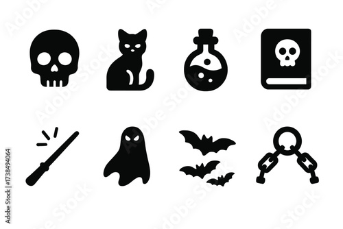 Dark Magic Icons. Solid, filled icon set of dark magic: skull, black cat, potion flask, cursed book, dark wand, shadow figure, bats, magical chains. Solid,