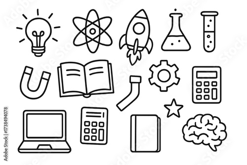 Science Doodle Icons. Hand-drawn doodle illustration Science and innovation lightbulb, atom, rocket, flask, test tube, gear, book, ruler, magnet, laptop,