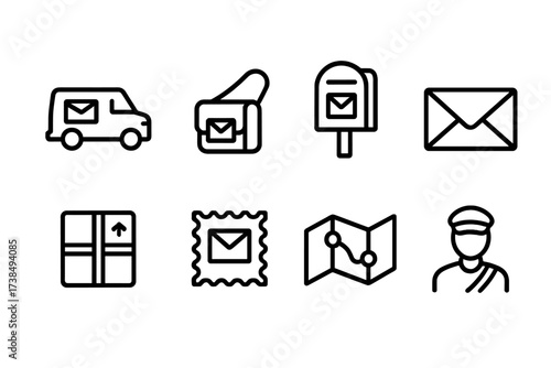 Mail Icons Set. Outline icon set of mail delivery: mail van, postman bag, mailbox, letter, parcel, postage stamp, postal route map, courier. Line icons in only