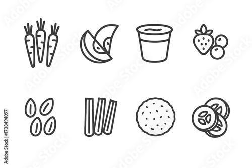Healthy Snack Icons. Outline icon set of healthy snacks: carrot sticks, apple slices, yogurt cup, mixed berries, almonds, celery sticks, rice cakes, cucumber