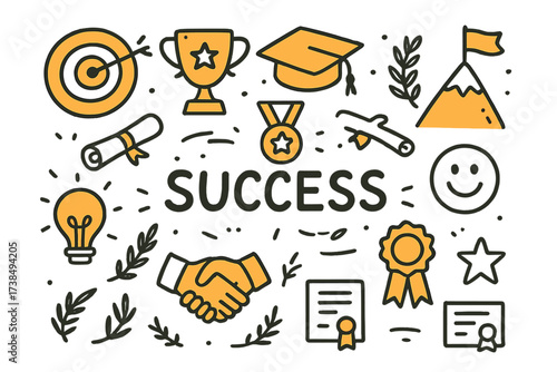 Success Symbols Doodle. Success. Hand-drawn doodle illustration success goal target (accented), trophy, medal (accented), diploma, graduation cap (accented),