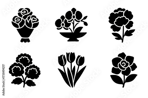 Floral Icons Grid. Solid, filled icon set of elegant floral arrangements: rose bouquet, orchid centerpiece, calla lilies, peonies, tulips, hydrangeas, lilies