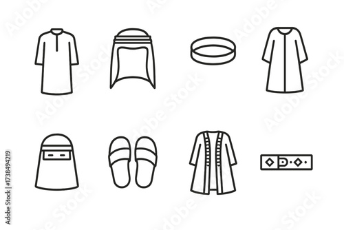 Saudi Traditional Icon Set. Outline icon set of Saudi traditional clothing: Thobe, Ghutra headdress, Agal, Abaya, Niqab, Sandals, Bisht cloak, Embroidered