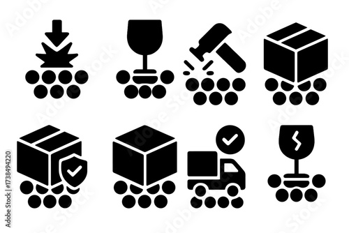 Bubble Wrap Icons. Solid, filled icon set of bubble wrap safety: shock absorption, fragile protection, impact resistance, product safety, cushioned shipment,
