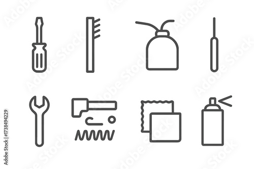 Pistol Repair Tool Icons. Outline icon set of pistol repair and maintenance tools: screwdriver, cleaning brush, oil can, punch tool, wrench, spare parts,