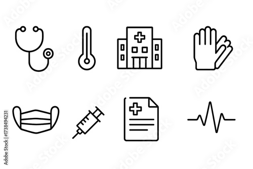 Health and Security Icons. Outline icon set of health inspection: stethoscope, thermometer, hospital building, gloves, mask, medical report, syringe, heart