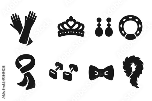 Elegant Accessories Icons. Solid, filled icon set of elegant accessories: silk gloves, tiara, pearl earrings, diamond bracelet, silk scarf, cufflinks, silk