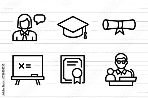 Educational Icon Set. Outline icon set of educational guidance: teacher, graduation cap, open book, diploma, chalkboard, certificate, mentor, lecture podium.