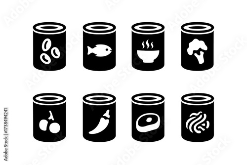 Canned Food Icons. Solid, filled icon set of canned food items: canned beans, canned tuna, canned soup, canned vegetables, canned fruit, canned chili, canned