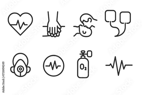 CPR and First Aid Icons. Outline icon set of CPR and resuscitation: heart with pulse, CPR hands, mouth-to-mouth, defibrillator pads, breathing mask, emergency