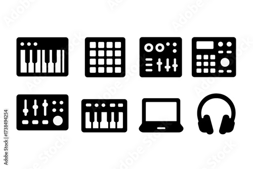 Beatmaker Equipment Icons. Solid, filled icon set of beatmaker hardware: MIDI keyboard, drum pad controller, audio interface, sampler, mixer, synthesizer,