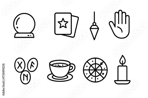 Fortune Telling Icons. Outline icon set of fortune telling: crystal ball, tarot cards, pendulum, palm, runes, tea leaves, astrology chart, candle. Line icons