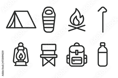 Camping Gear Icons. Outline icon set of field tent: canvas tent, sleeping bag, campfire, tent peg, lantern, folding chair, backpack, water bottle. Line icons