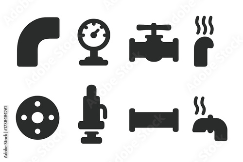 Steam Pipe Icon Set. Solid, filled icon set of steam pipes and valves: pipe elbow, pressure gauge, valve wheel, steam vent, pipe flange, safety valve, pipe