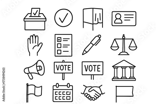 Election Doodle Icons. Hand-drawn doodle illustration election participation icons ballot box, checkmark, voting booth, voter ID card, raised hand, ballot