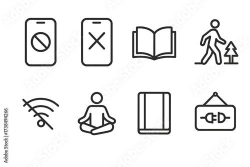 Digital Detox Icons. Outline icon set of digital detox and screen break: phone off, crossed screen, book reading, nature walk, no wifi, meditation, journal,
