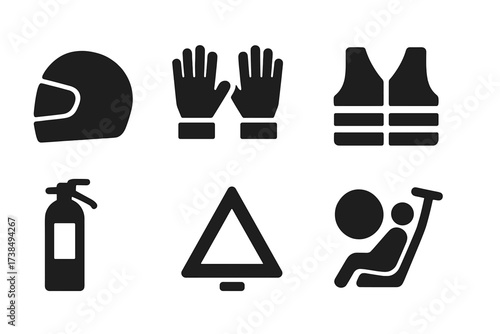 Driver Safety Icons. Solid, filled icon set of driver safety: helmet, safety gloves, high visibility vest, first aid kit, fire extinguisher, warning triangle,