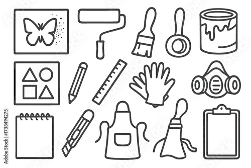 Art Supplies Icons. Hand-drawn doodle illustration stencil spray paint, stencil sheet, paint roller, brush, masking tape, cut-out shapes, pencil, ruler, paint