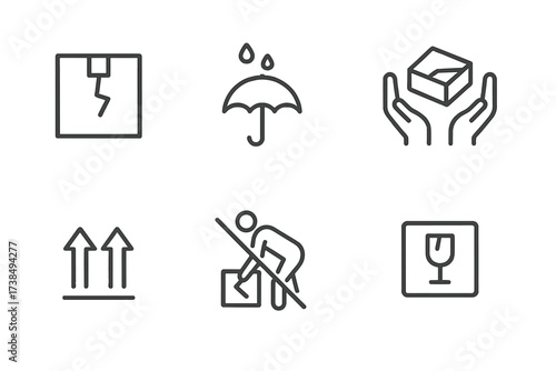 Handling Instructions Icons. Outline icon set of handling instructions: fragile box, keep dry, handle with care, do not stack, arrow up, no heavy load, fragile