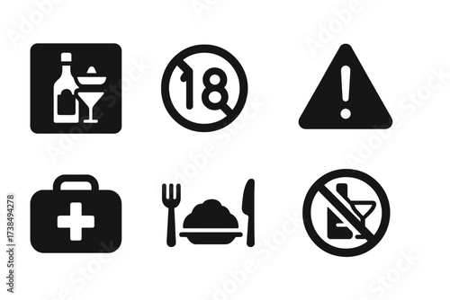 Tequila Safety Icons. Solid, filled icon set of tequila safety and consumption: drink responsibly sign, age restriction, warning sign, first aid kit, water